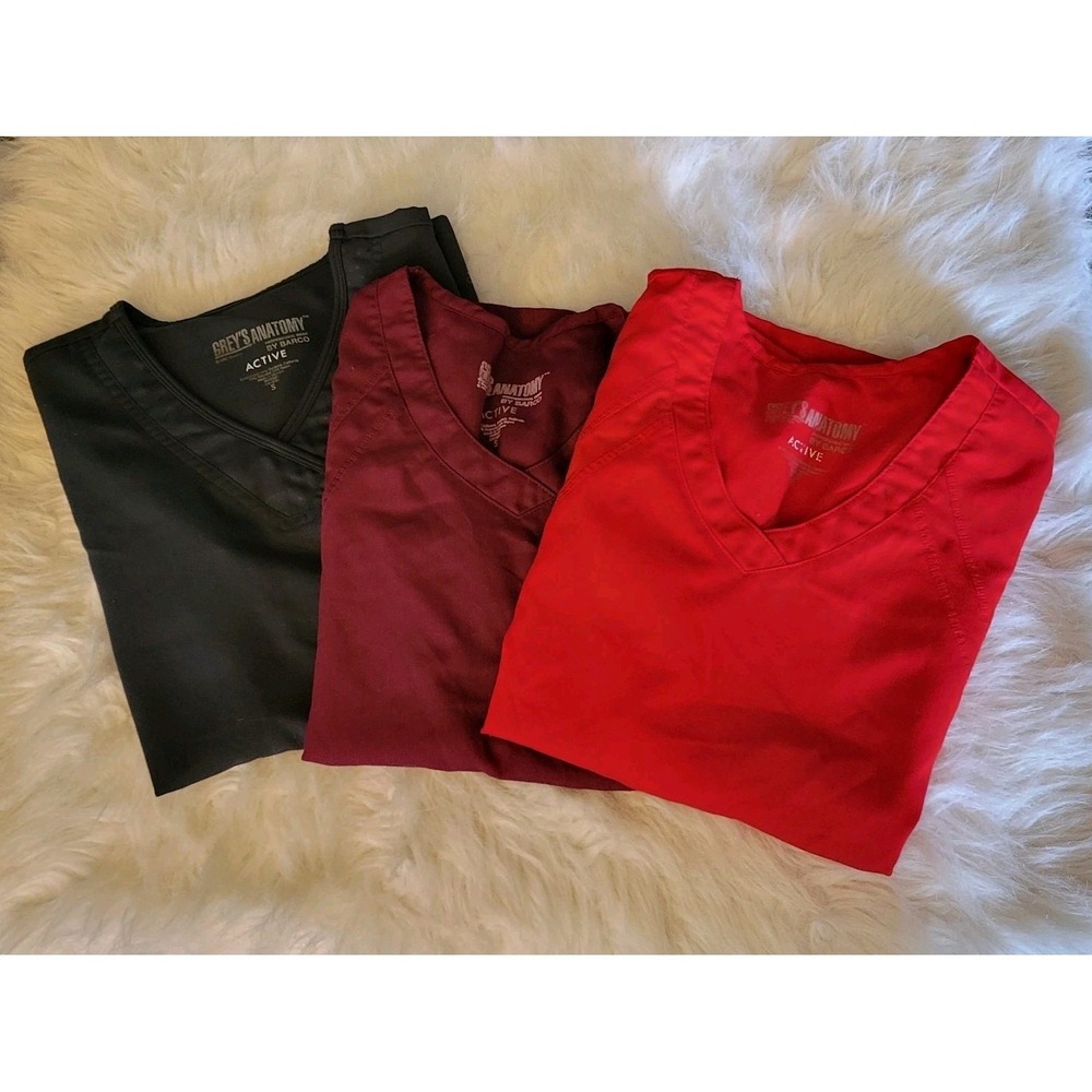 Grey's Anatomy by Barco SET‎ OF 3 Active Scrub Tops Gray Maroon Red Size Small